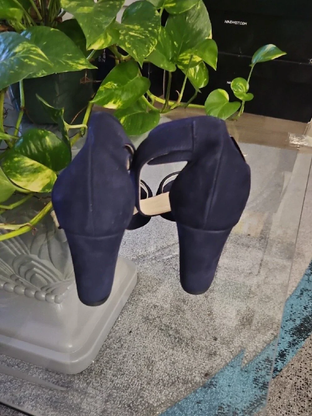 Women's Navy Suede Block Heel Sandals with Buckle Ankle Strap